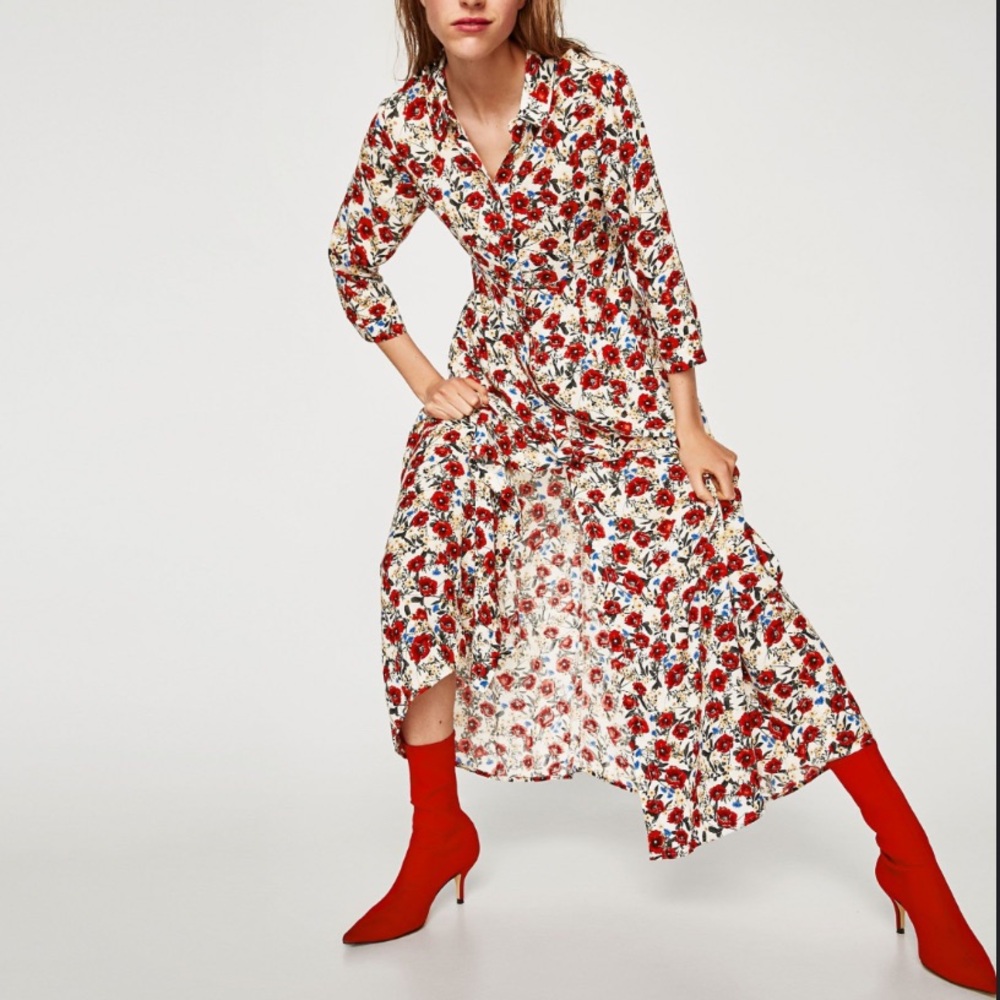Zara White Floral Long Sleeve Wrap Dress with Red Accents